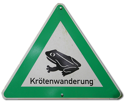 Schild grünes Dreieck mit Kröte und Schriftzug Krötenwanderung